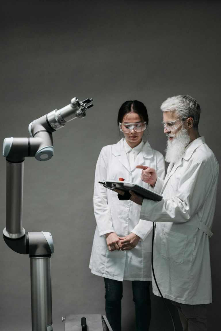 Two scientists discussing robotics research, highlighting technological innovation.